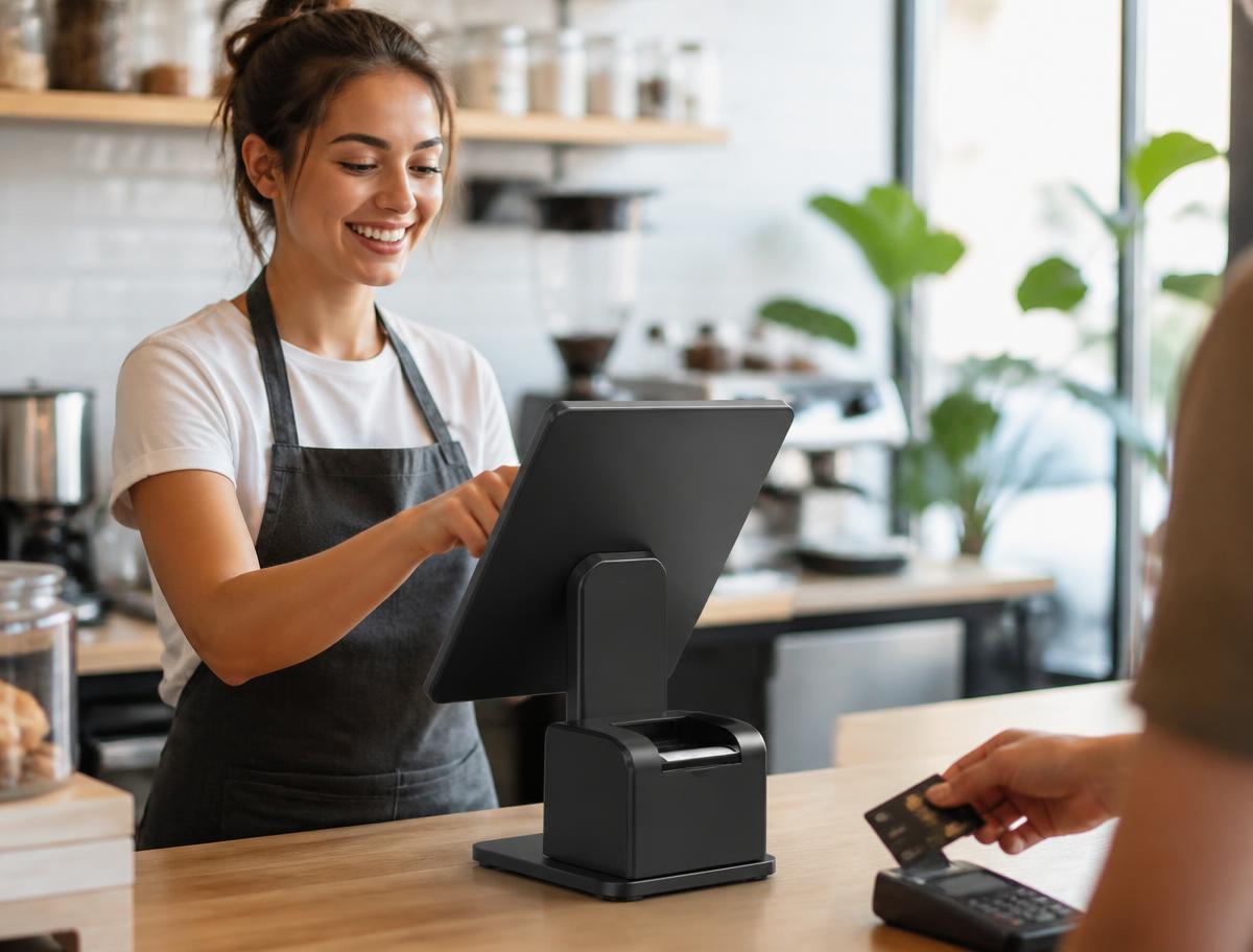 Shop owner using a touchscreen EPOS till system at a retail counter
