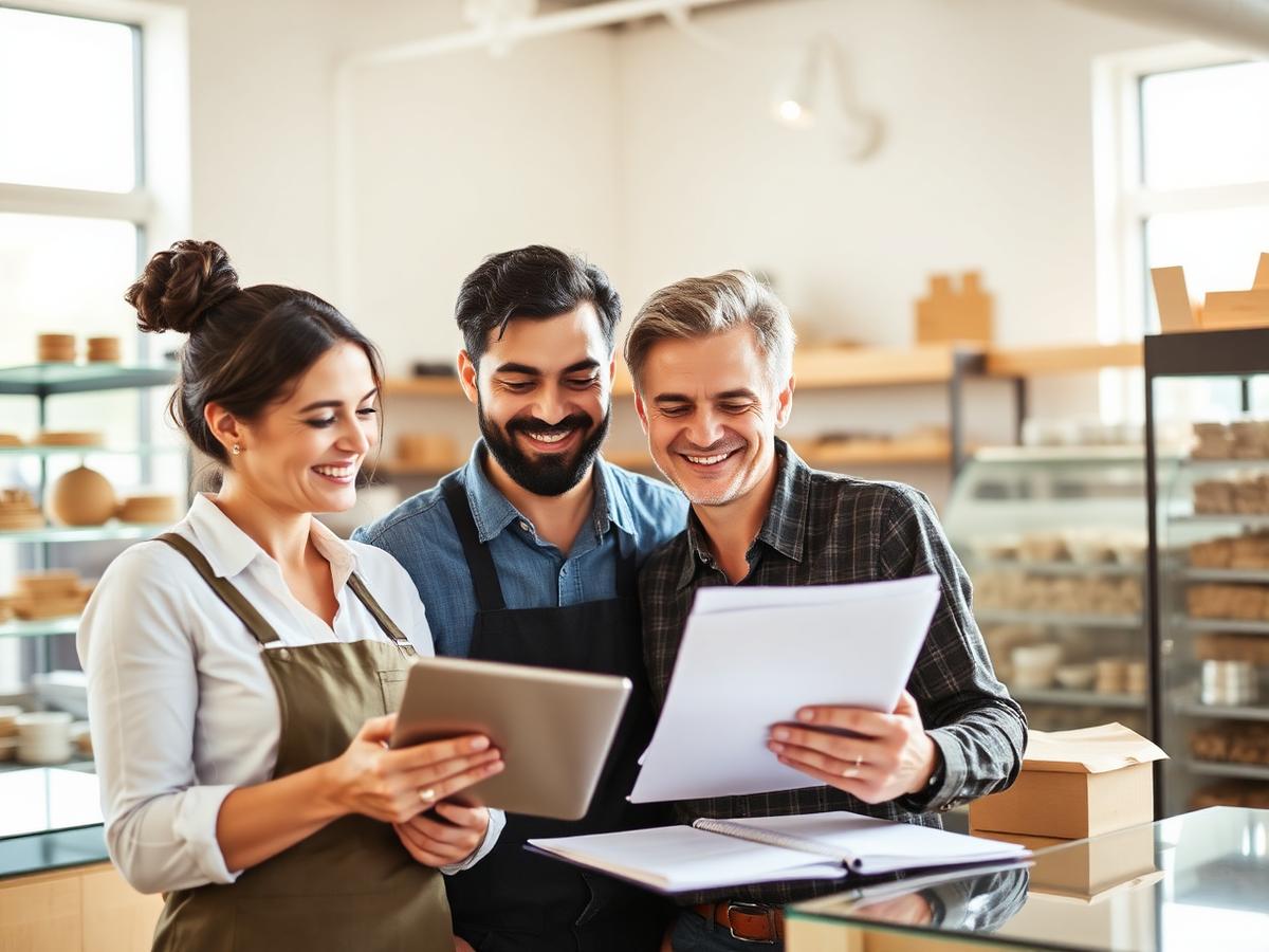 Small business owners reviewing finances together in a bakery