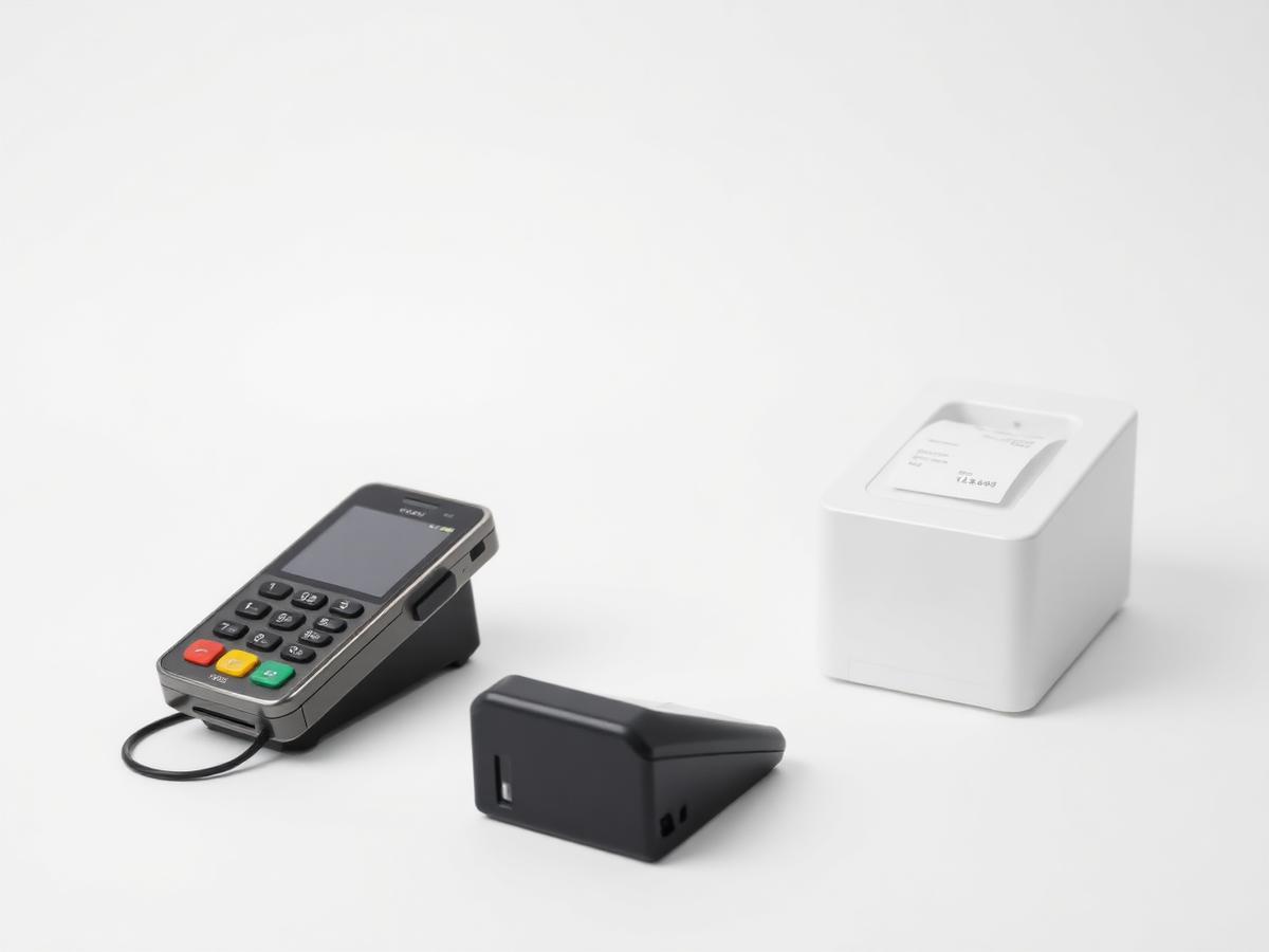 Card terminal, receipt printer and payment hardware on a clean white background